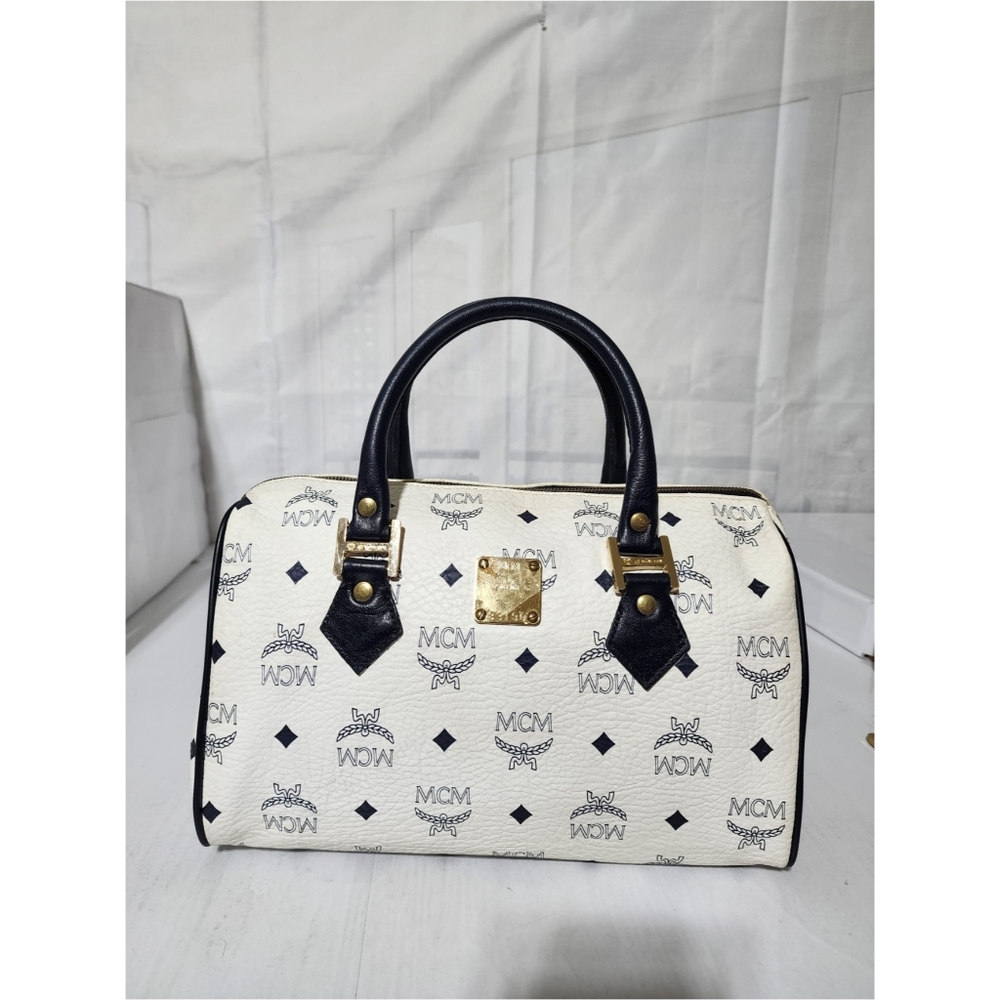 MCM Vintage Coated Canvas visetos Handle Bag Navy Blue/White - Picture 1 of 14